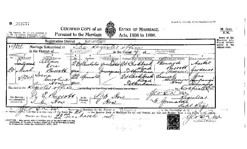 Marriage Cert Allan Purrott Irene How